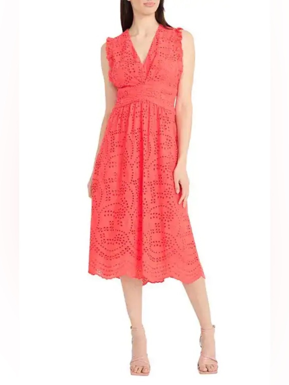 Maggy London Coral Pink Eyelet Midi Dress Ruffle V-Neck Scalloped Hem New NWT 14